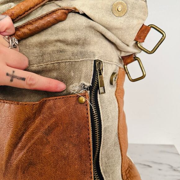 Mona B Tan Canvas And Leather Satchel Shoulder Bag - Picture 3 of 10